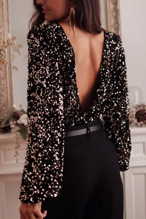 Black Deep V Back Sequin Puff Sleeve Bodysuit