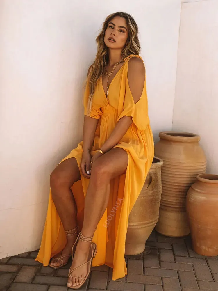 Boho Sommer Chiffon Tunikakleid mit V-Ausschnitt