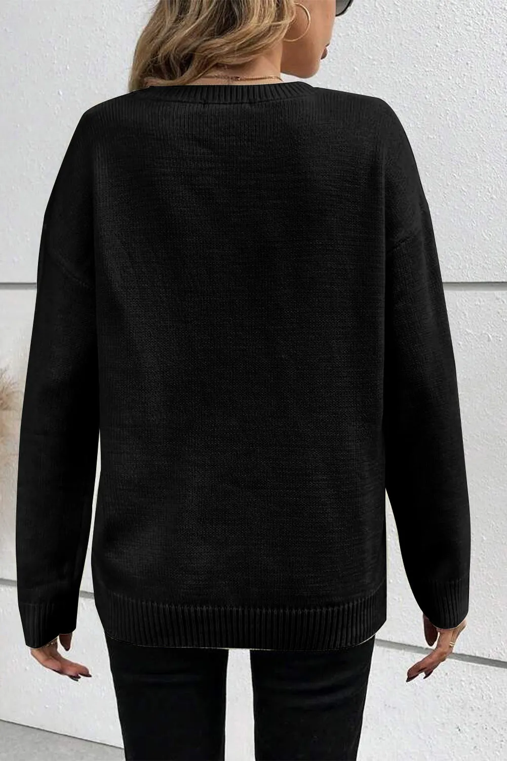 Boo Knitted Pattern Ribbed Edge Drop Shoulder Sweater