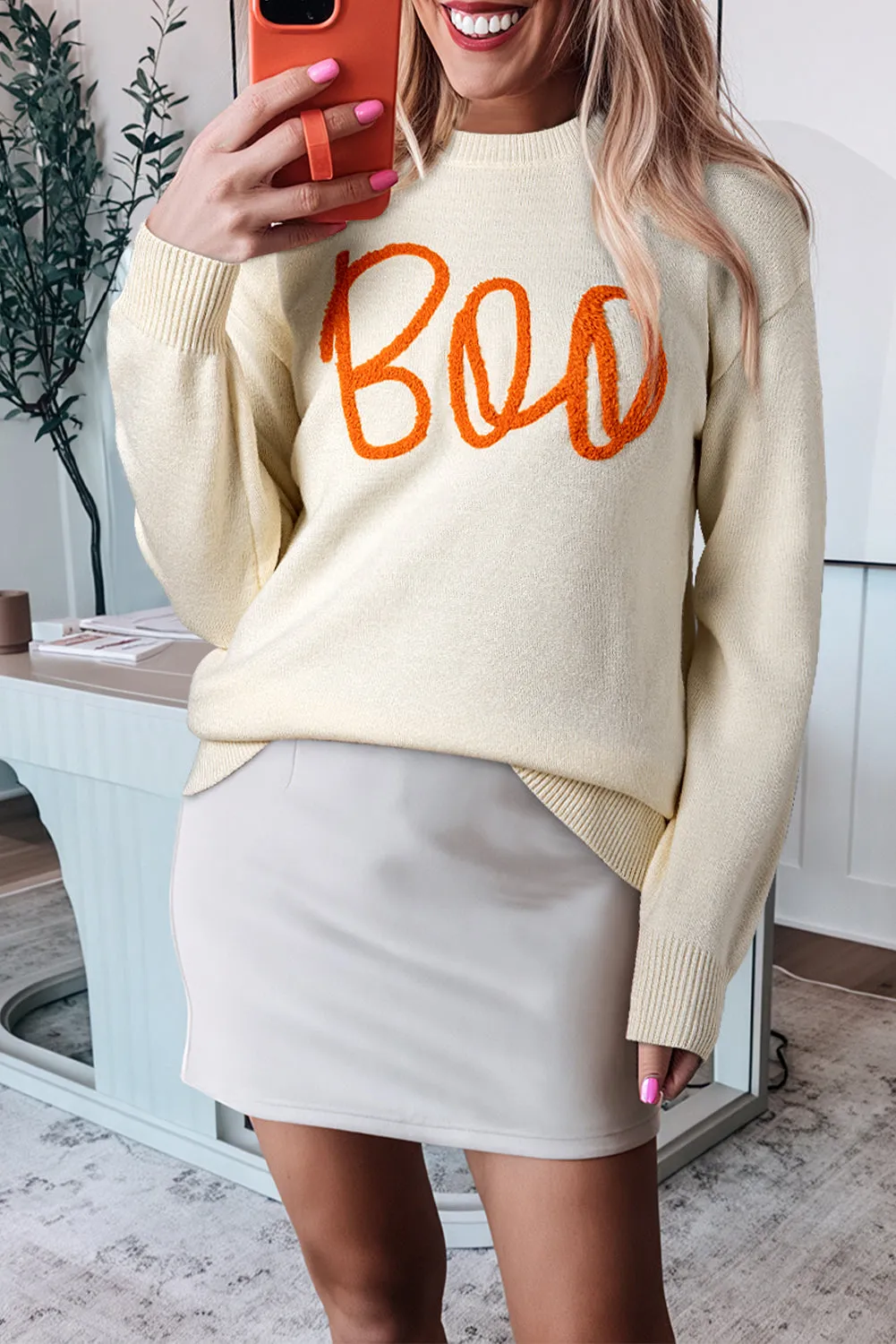 Boo Knitted Pattern Ribbed Edge Drop Shoulder Sweater