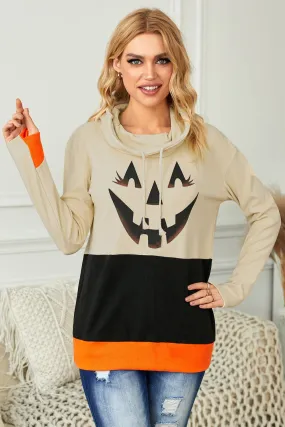 Cute Black Cowl Neck Pumpkin Print Color Block Halloween Sweatshirt