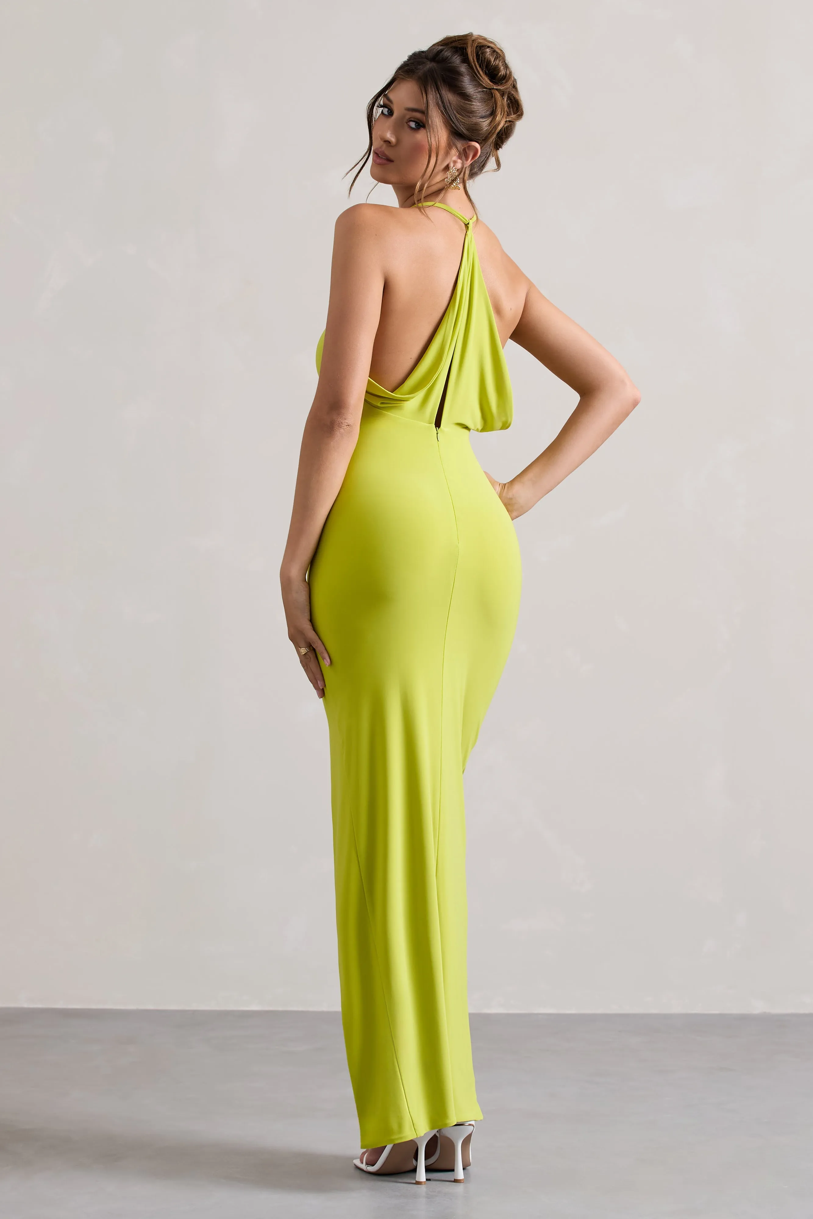 Domenica | Robe longue vert citron à dos nu détail torsadé et fente sur la jambe