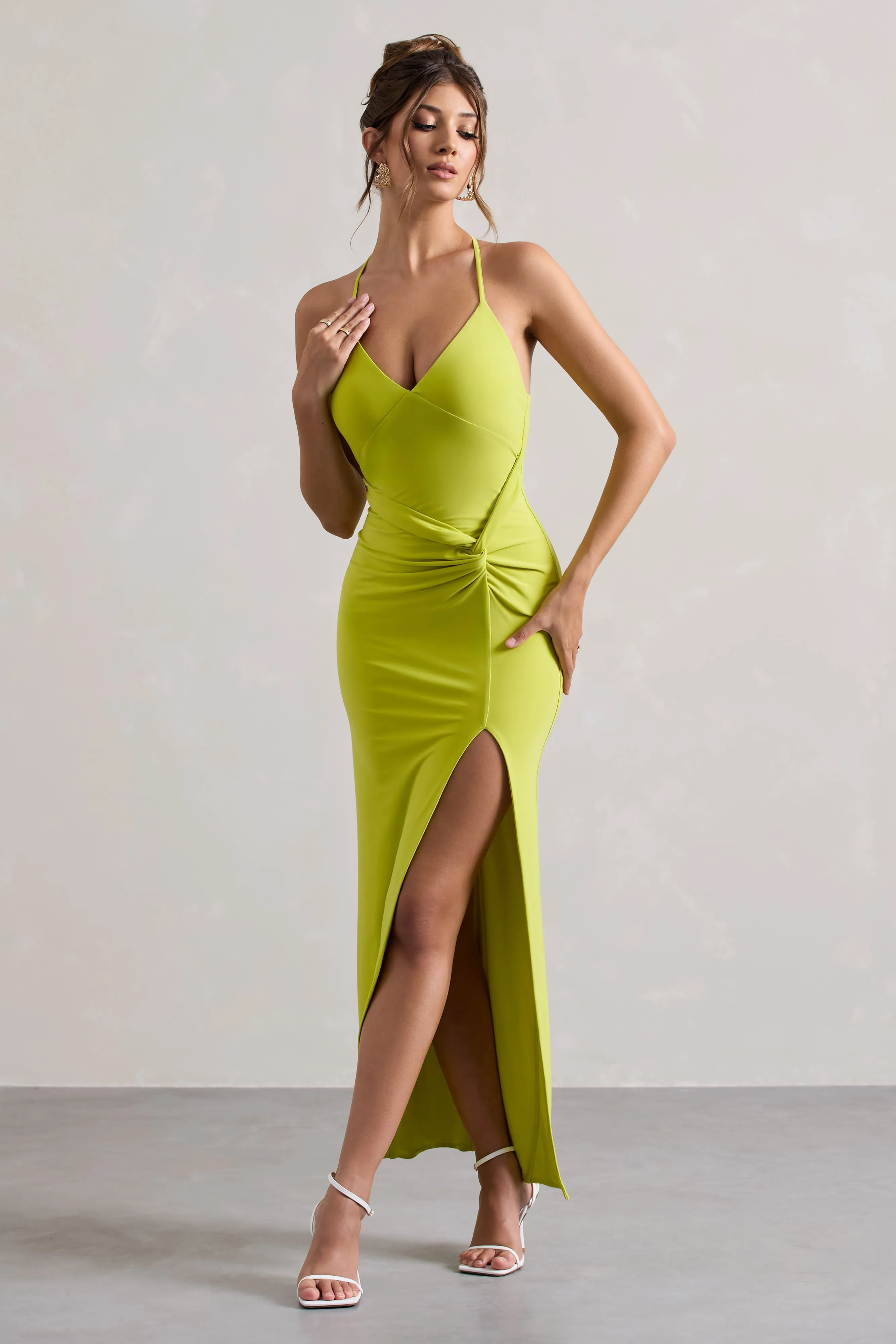 Domenica | Robe longue vert citron à dos nu détail torsadé et fente sur la jambe