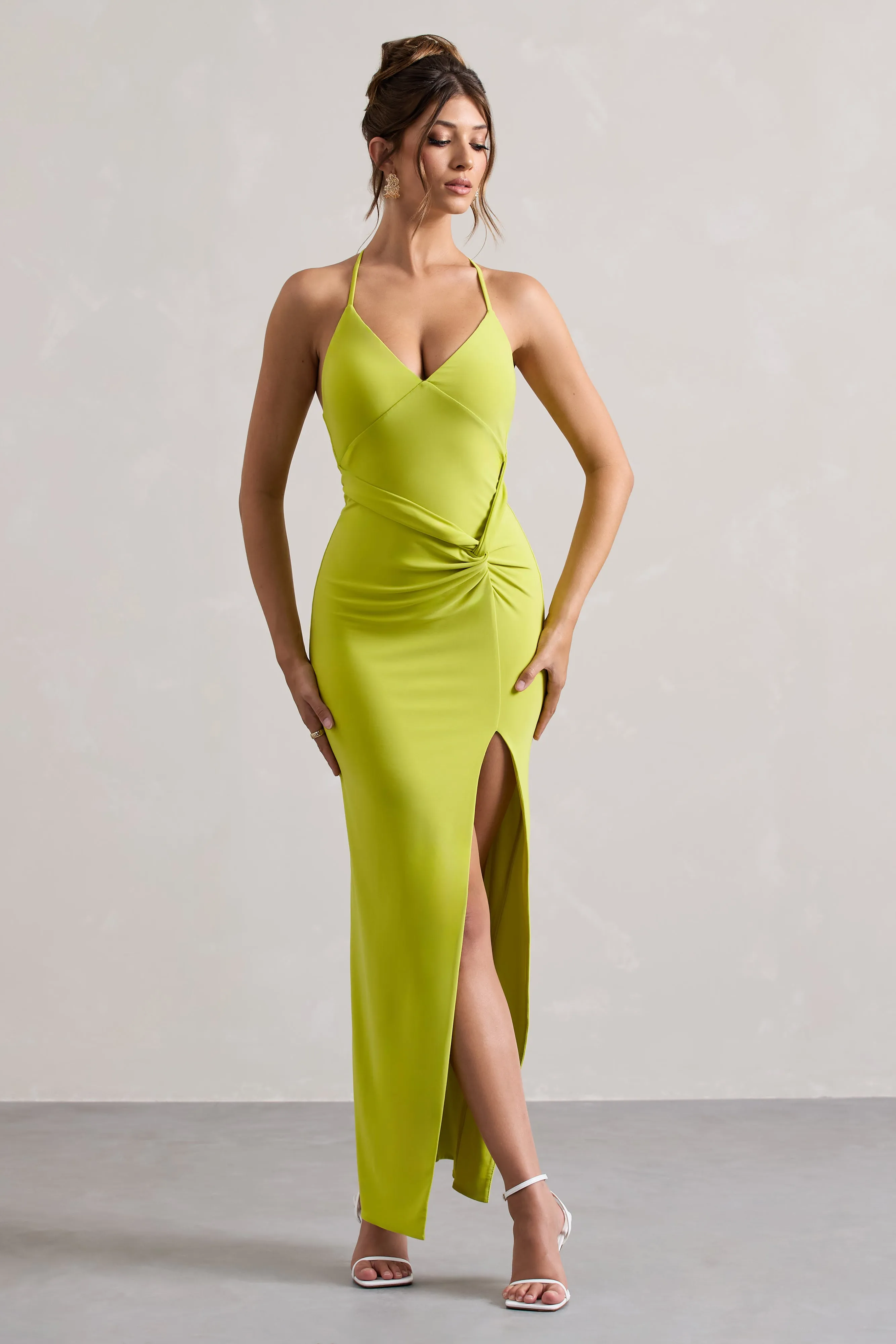 Domenica | Robe longue vert citron à dos nu détail torsadé et fente sur la jambe