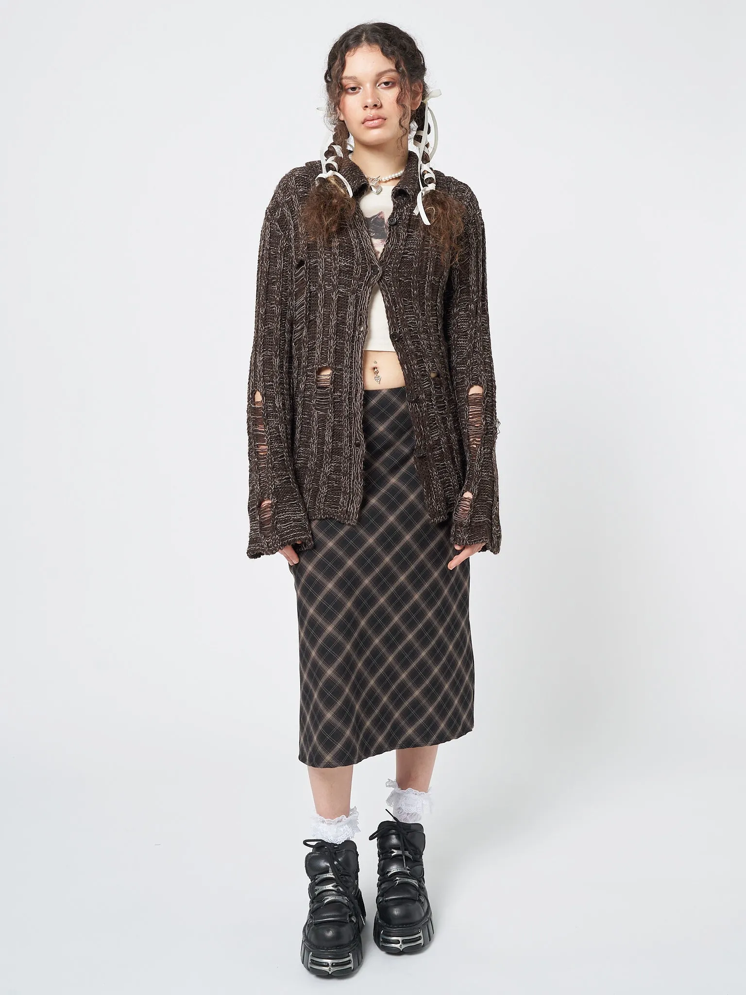 Gem Brown Distressed Knit Cardigan