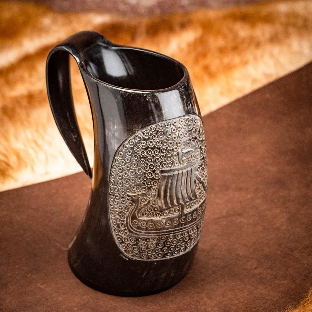 Horn Mug With Viking Longship Design