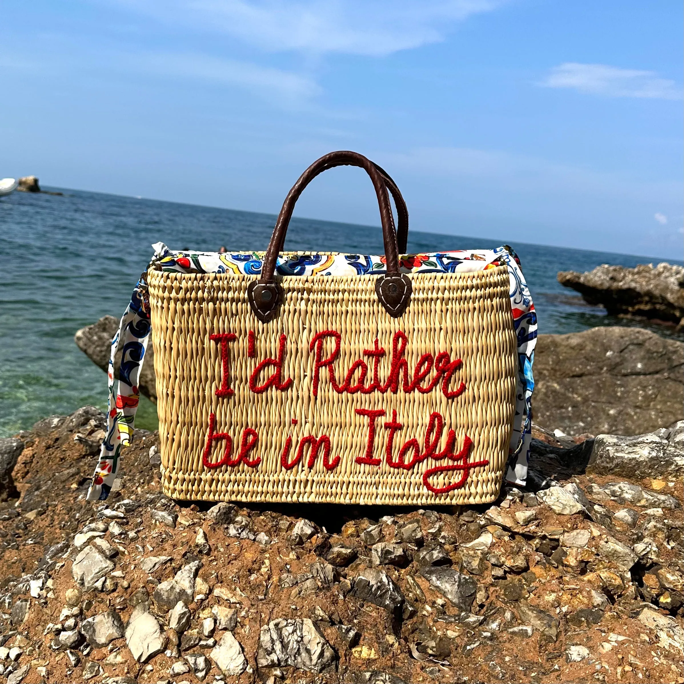 Lilliana I'd Rather Be In Italy Leather Handle Reed Bag