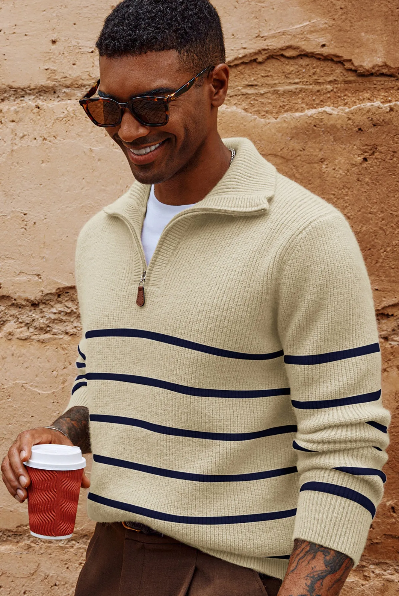 Men Striped Sweater Long Sleeve Lapel Collar Zip-up Neck Pullover