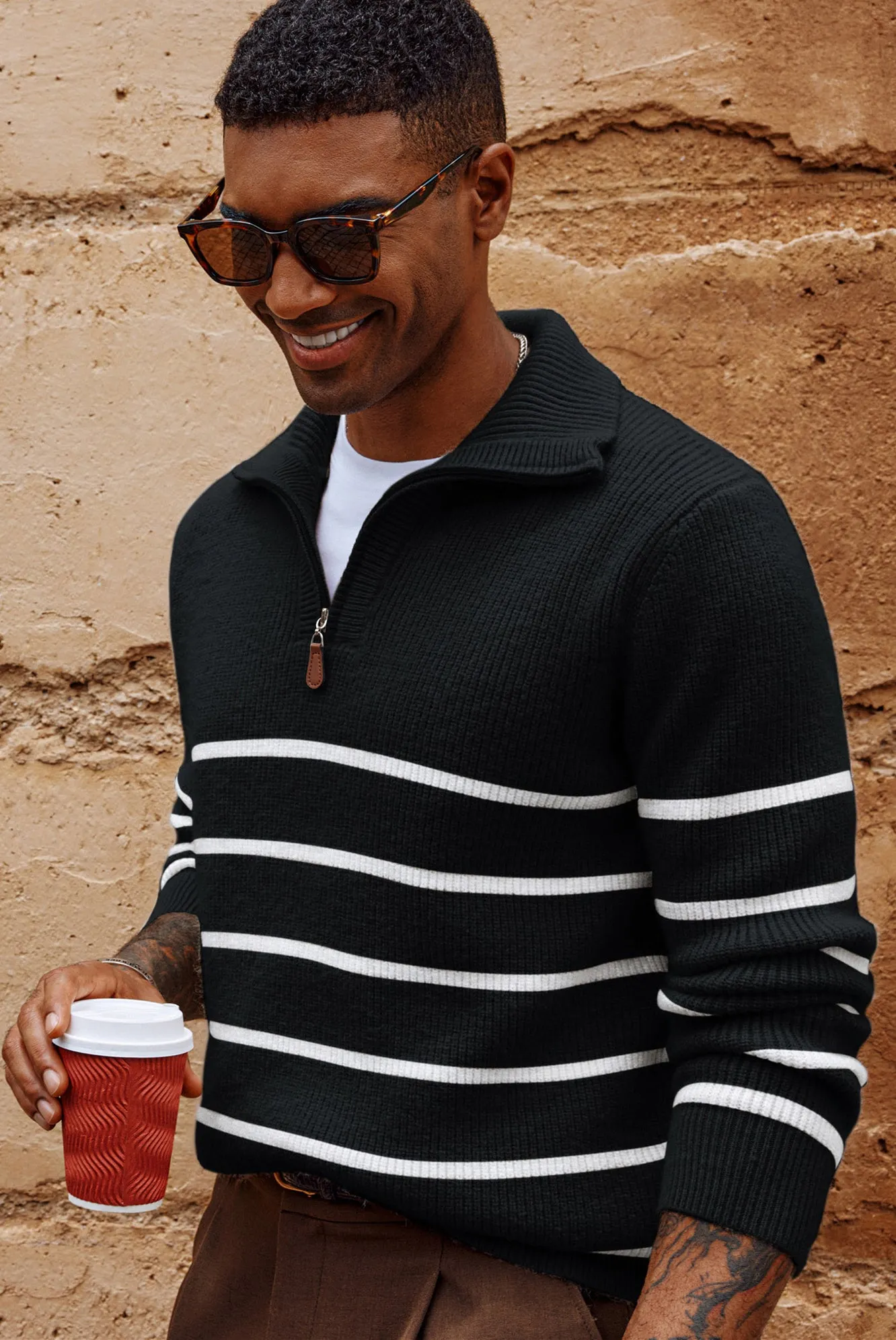 Men Striped Sweater Long Sleeve Lapel Collar Zip-up Neck Pullover