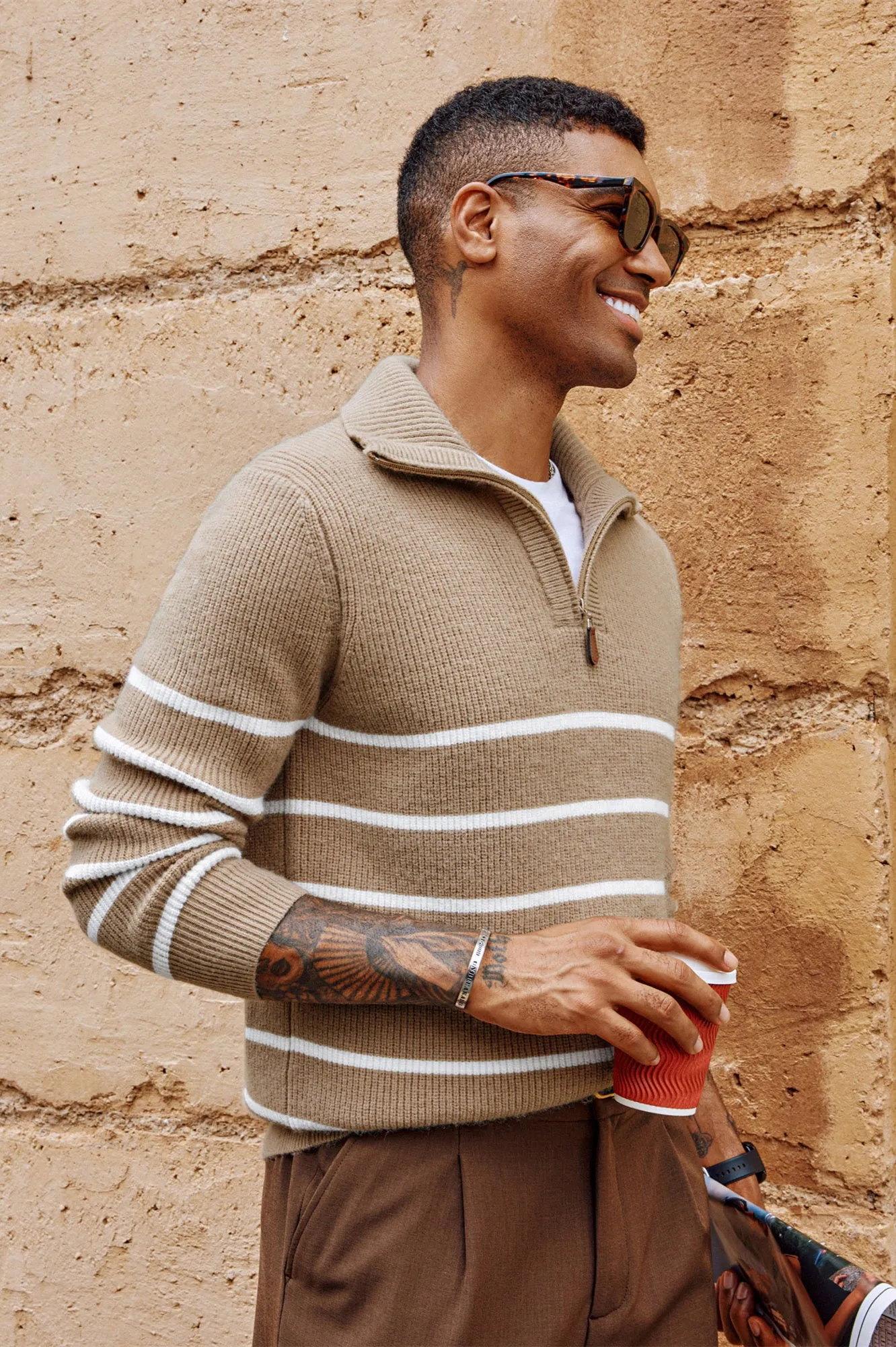 Men Striped Sweater Long Sleeve Lapel Collar Zip-up Neck Pullover