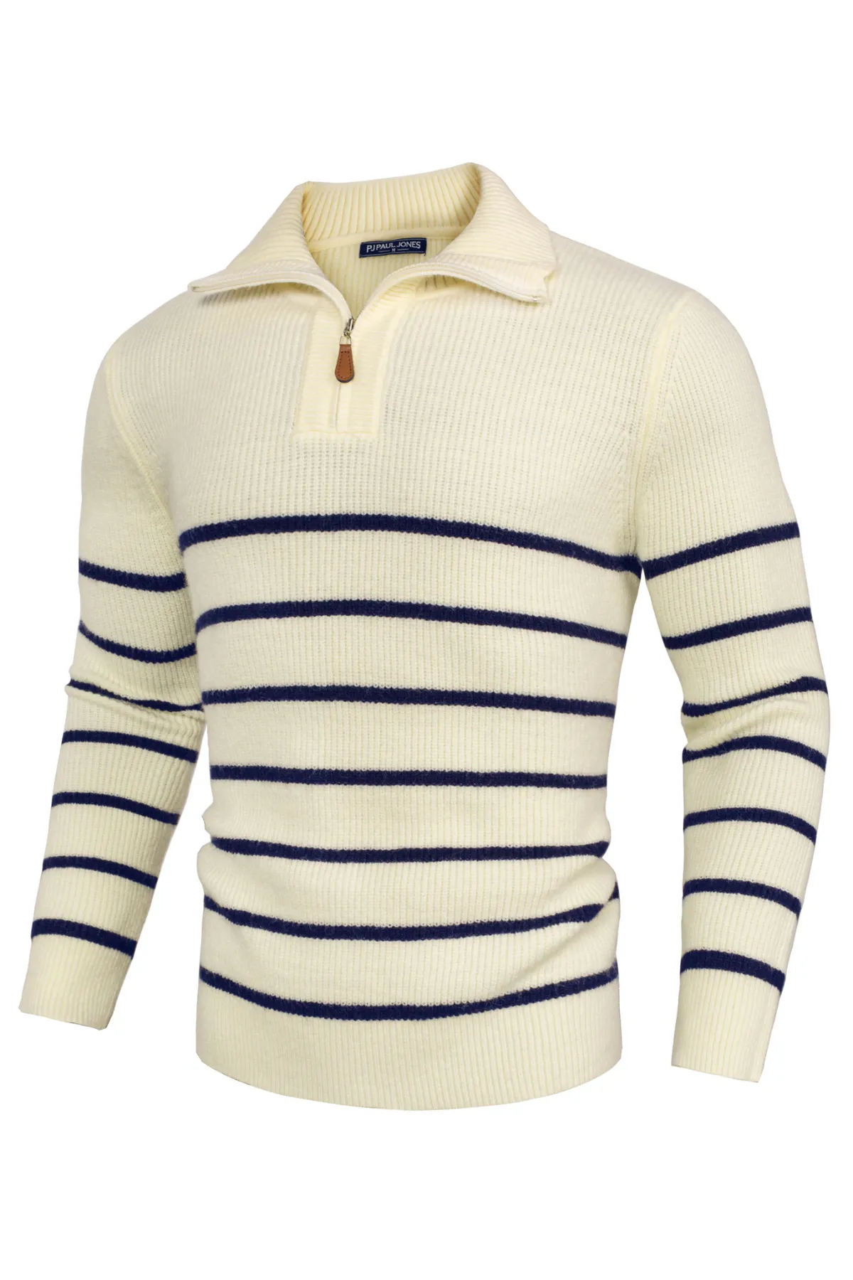 Men Striped Sweater Long Sleeve Lapel Collar Zip-up Neck Pullover