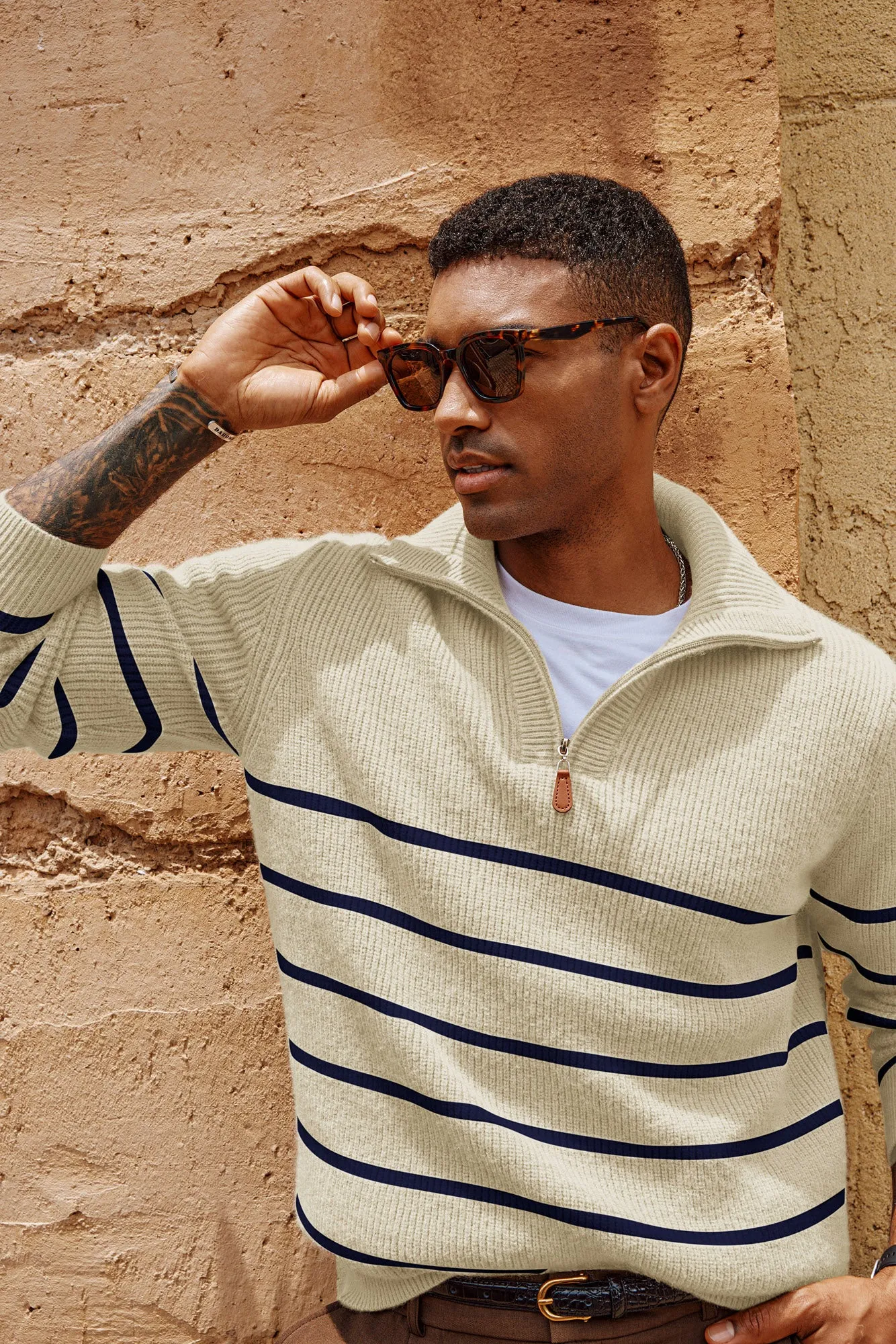 Men Striped Sweater Long Sleeve Lapel Collar Zip-up Neck Pullover