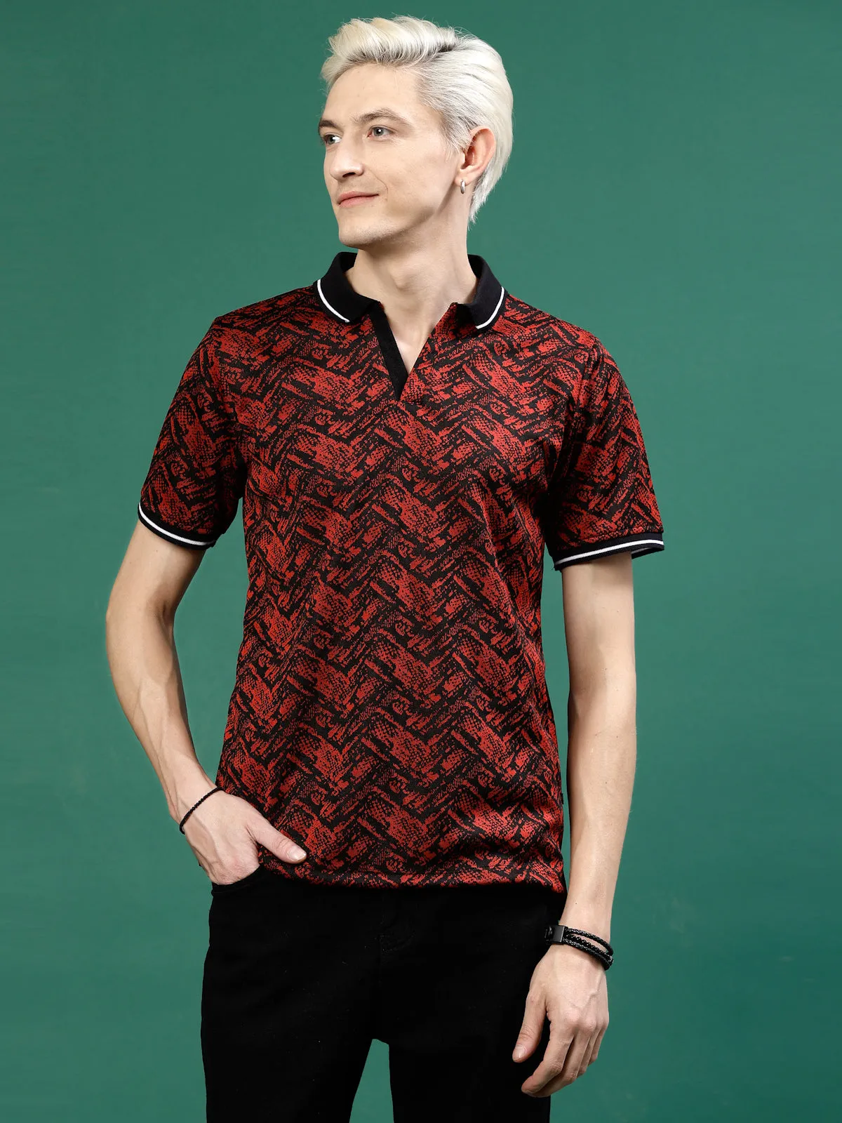 Men's Abstract Jacquard Polo High-Low T-Shirt