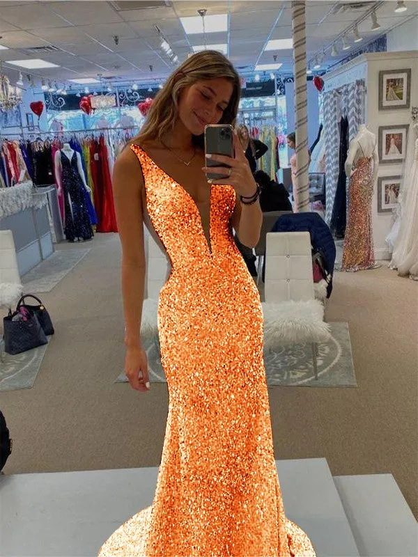 Sheath V-Neck Sleeveless Long Sweep Train Velvet Sequin Prom Dress (AF1007)