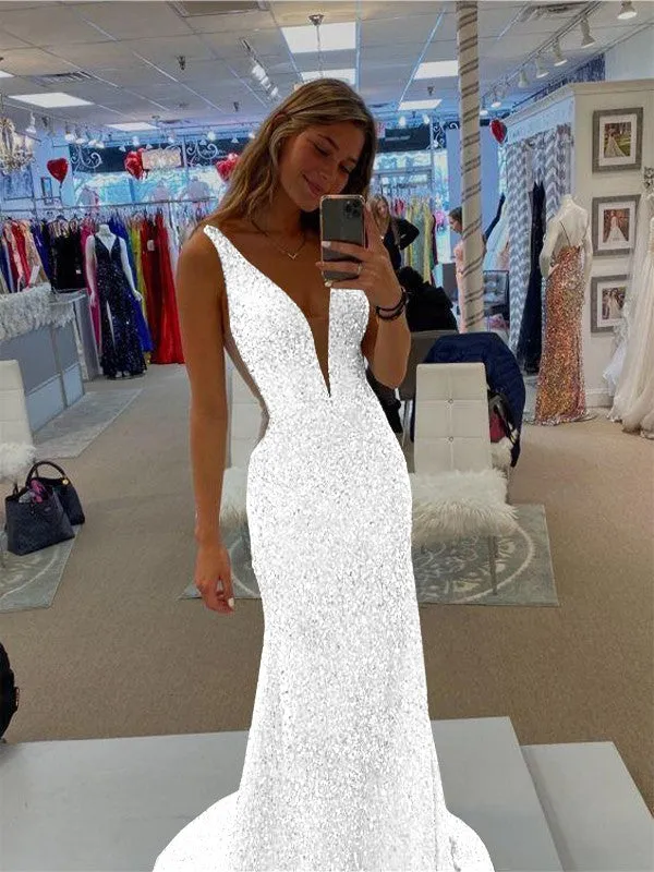 Sheath V-Neck Sleeveless Long Sweep Train Velvet Sequin Prom Dress (AF1007)