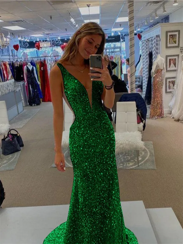 Sheath V-Neck Sleeveless Long Sweep Train Velvet Sequin Prom Dress (AF1007)