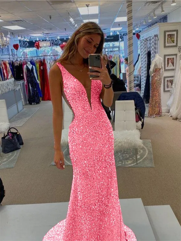 Sheath V-Neck Sleeveless Long Sweep Train Velvet Sequin Prom Dress (AF1007)