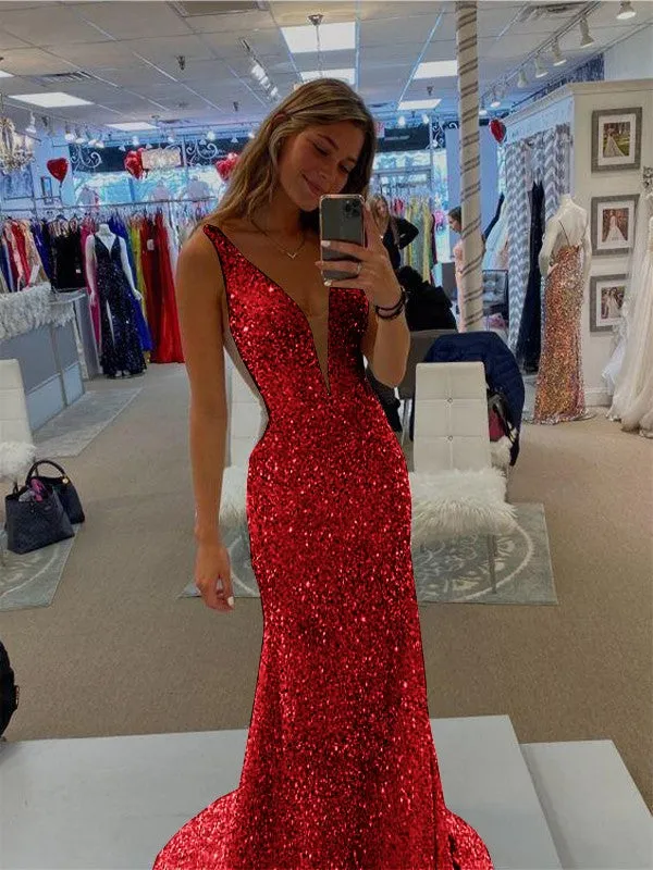 Sheath V-Neck Sleeveless Long Sweep Train Velvet Sequin Prom Dress (AF1007)