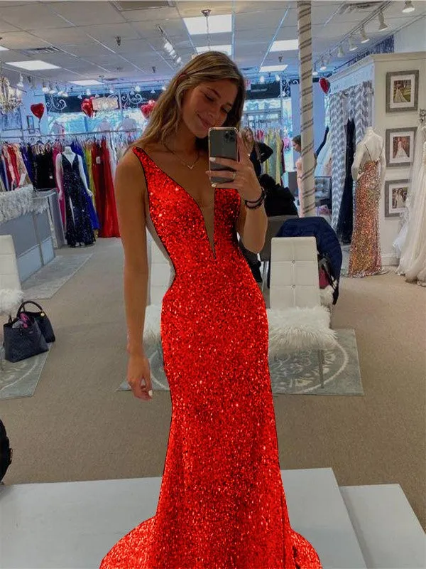 Sheath V-Neck Sleeveless Long Sweep Train Velvet Sequin Prom Dress (AF1007)