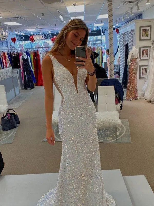 Sheath V-Neck Sleeveless Long Sweep Train Velvet Sequin Prom Dress (AF1007)