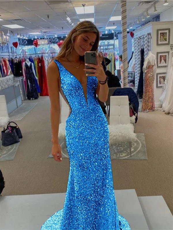 Sheath V-Neck Sleeveless Long Sweep Train Velvet Sequin Prom Dress (AF1007)