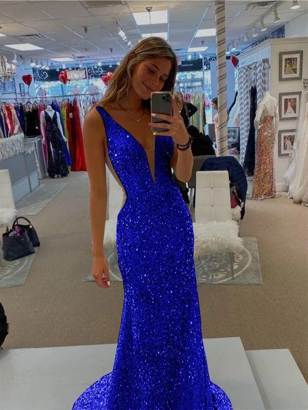 Sheath V-Neck Sleeveless Long Sweep Train Velvet Sequin Prom Dress (AF1007)