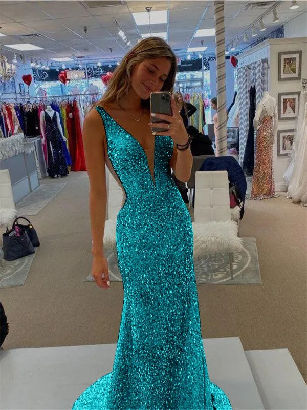 Sheath V-Neck Sleeveless Long Sweep Train Velvet Sequin Prom Dress (AF1007)