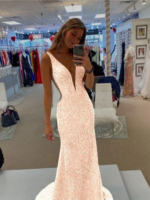 Sheath V-Neck Sleeveless Long Sweep Train Velvet Sequin Prom Dress (AF1007)