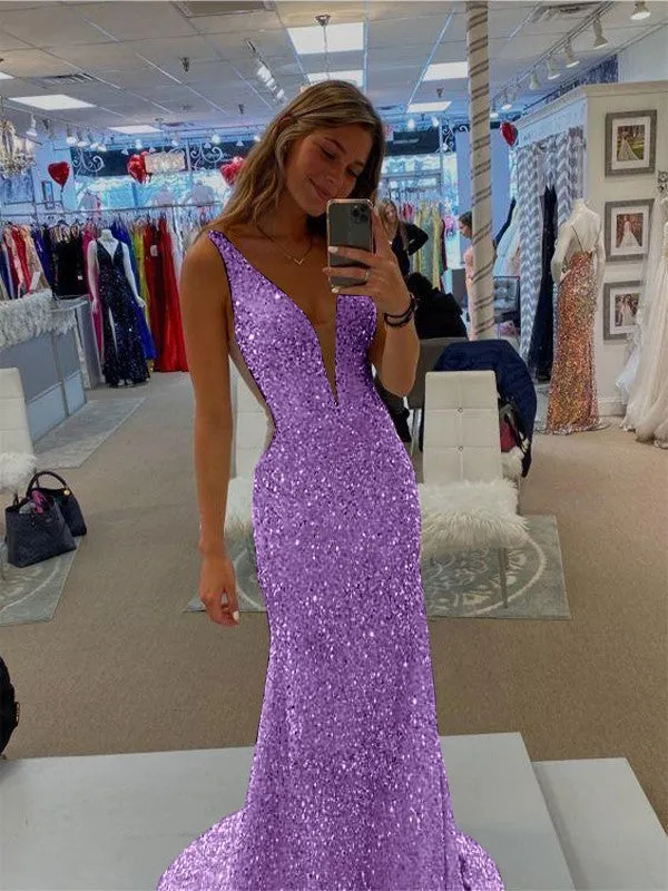 Sheath V-Neck Sleeveless Long Sweep Train Velvet Sequin Prom Dress (AF1007)