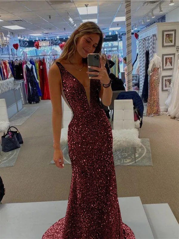 Sheath V-Neck Sleeveless Long Sweep Train Velvet Sequin Prom Dress (AF1007)