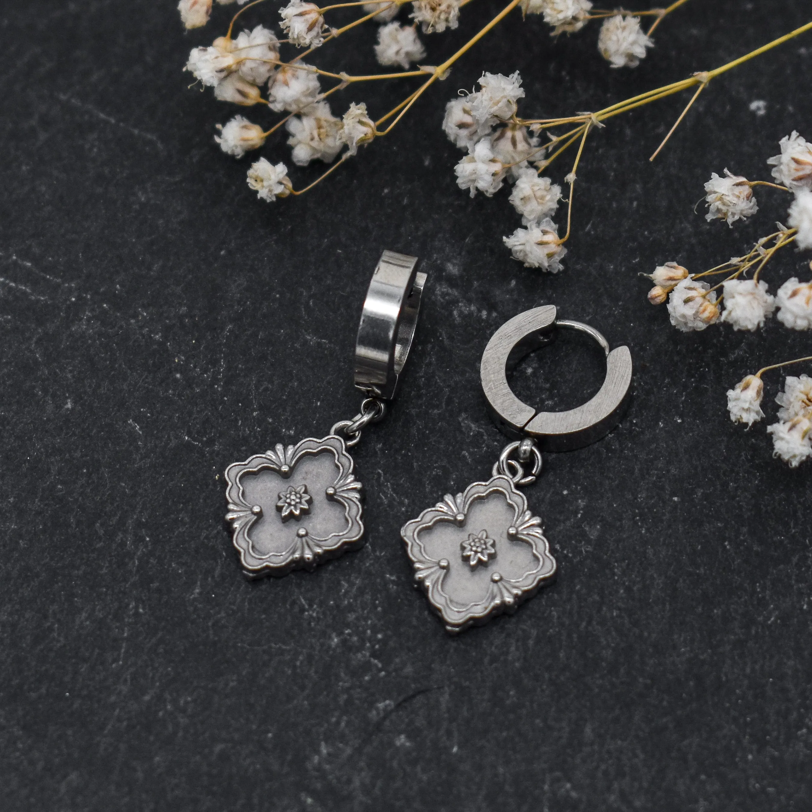 Silver Fleur Huggie Earrings