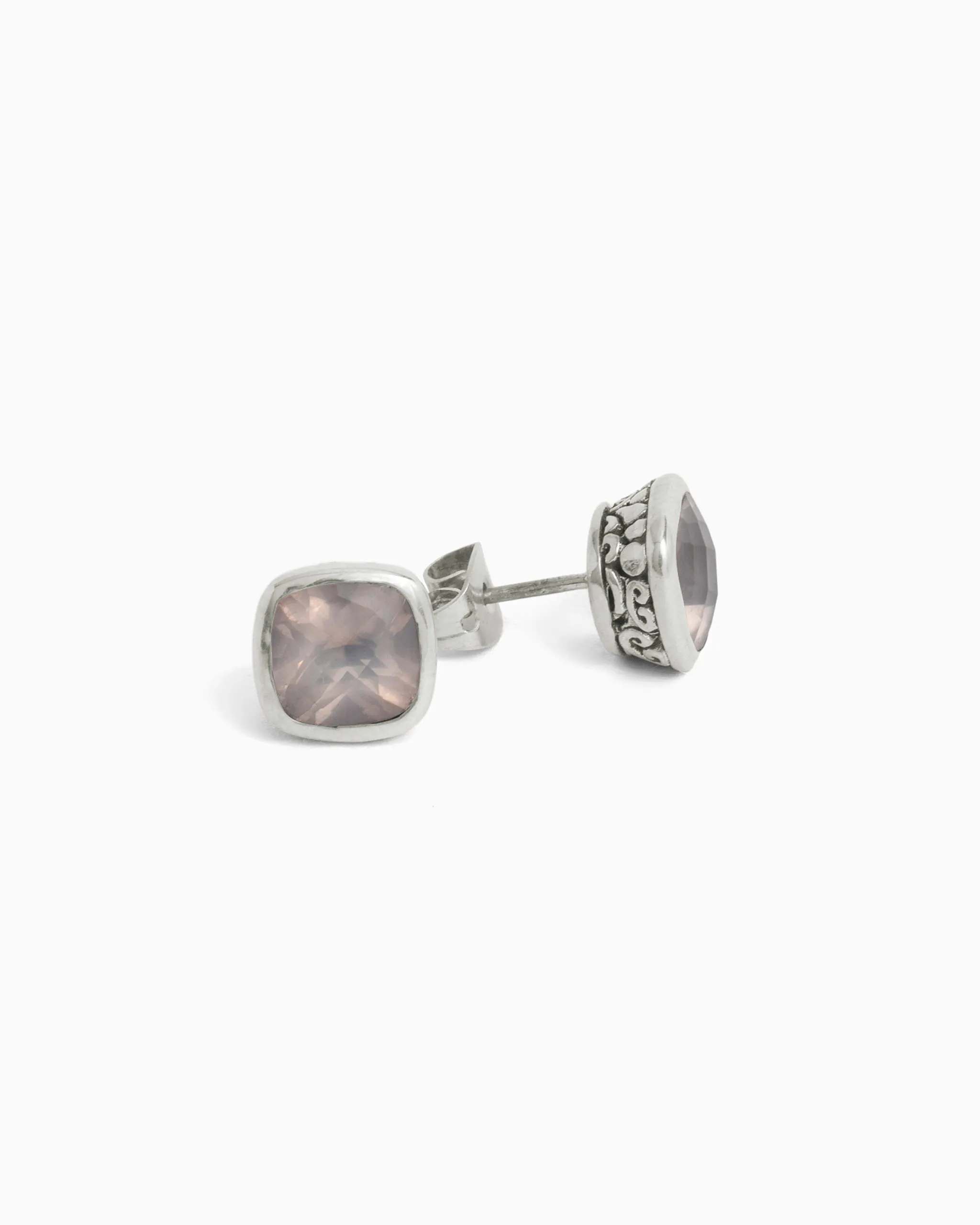 Square Stone Studs with Petroglyph Turtle Texture - Rose Quartz