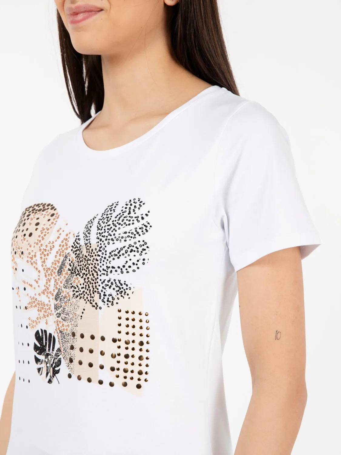 T-shirt girocollo foglie e strass bianco / beige