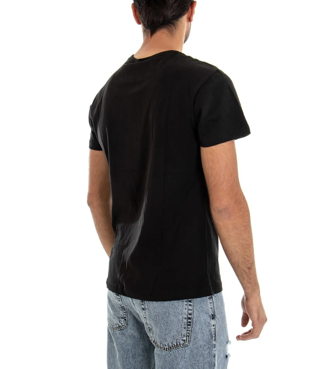 T-shirt Uomo Maglia Manica Corta Slim Stampa Fondo Nero GIOSAL