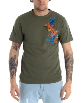 T-shirt Uomo Manica Corta Tinta Unita Verde Ricamo Fiori Girocollo GIOSAL