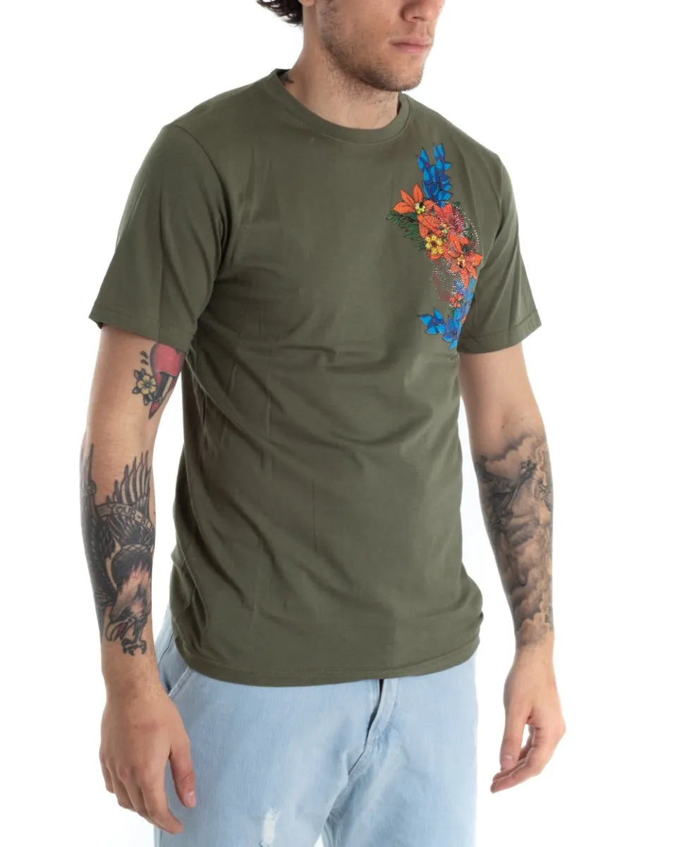 T-shirt Uomo Manica Corta Tinta Unita Verde Ricamo Fiori Girocollo GIOSAL