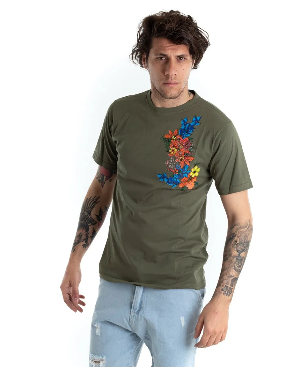 T-shirt Uomo Manica Corta Tinta Unita Verde Ricamo Fiori Girocollo GIOSAL