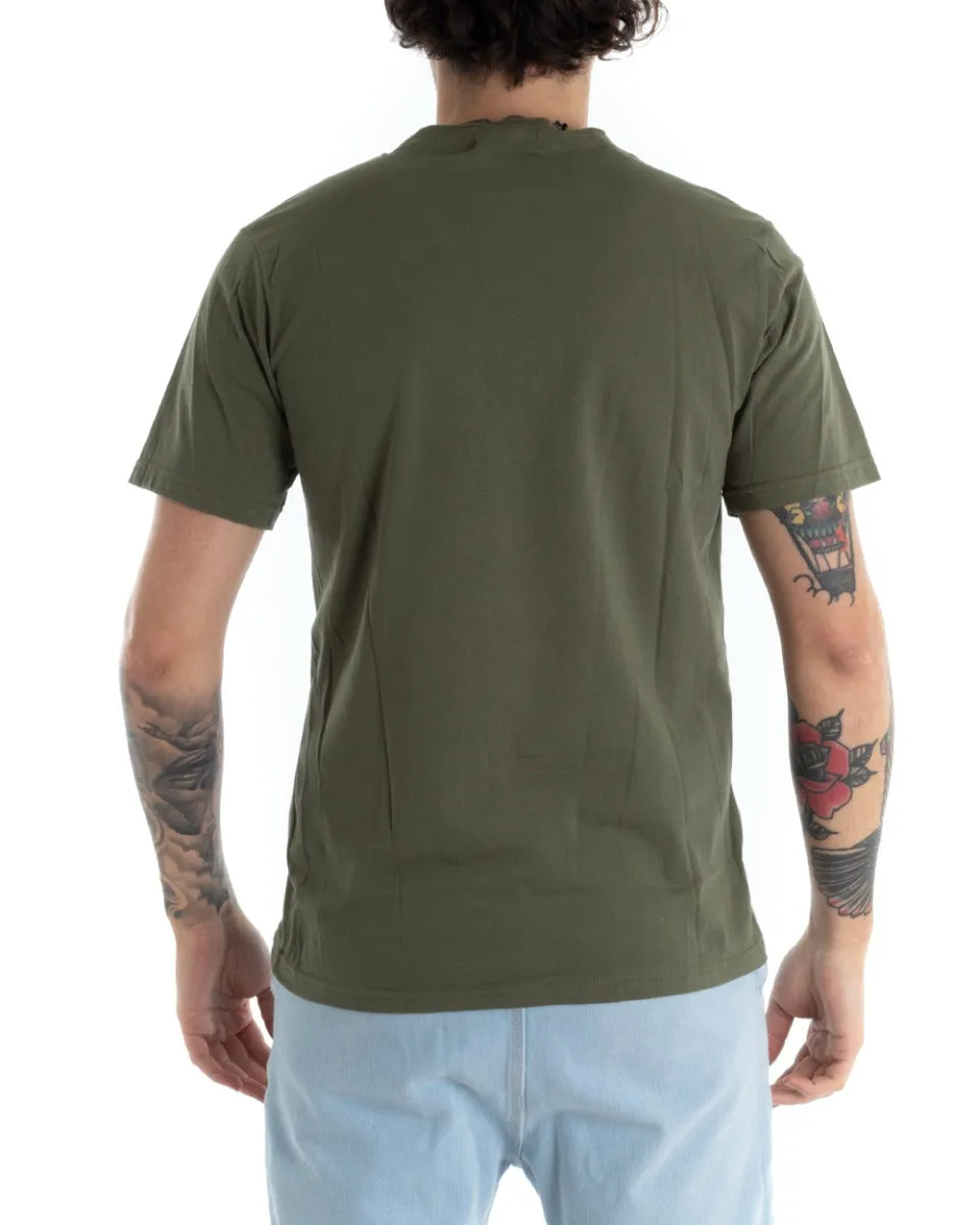 T-shirt Uomo Manica Corta Tinta Unita Verde Ricamo Fiori Girocollo GIOSAL