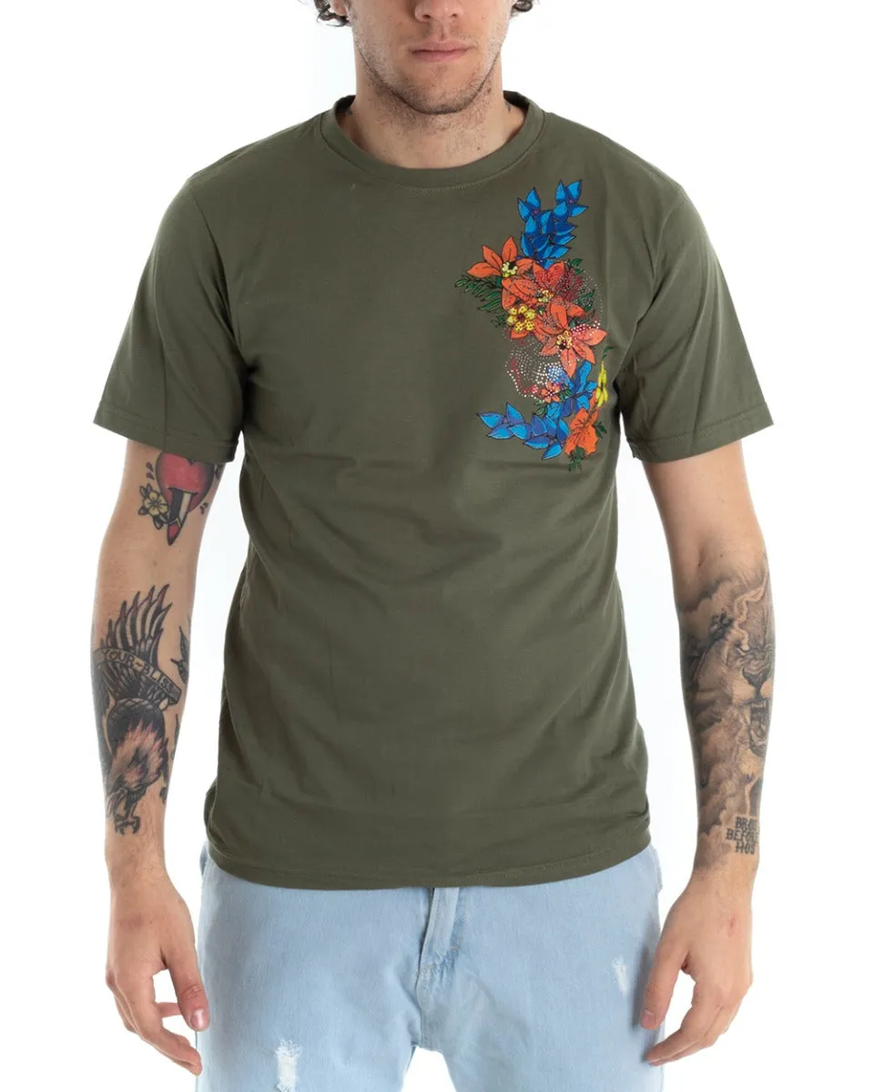 T-shirt Uomo Manica Corta Tinta Unita Verde Ricamo Fiori Girocollo GIOSAL