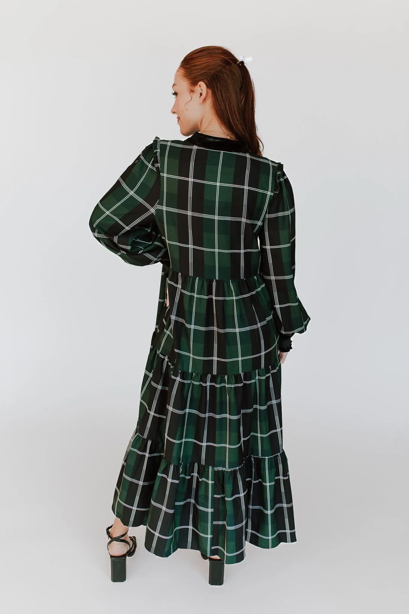 The Daylon Plaid Midi Dress in Emerald   White