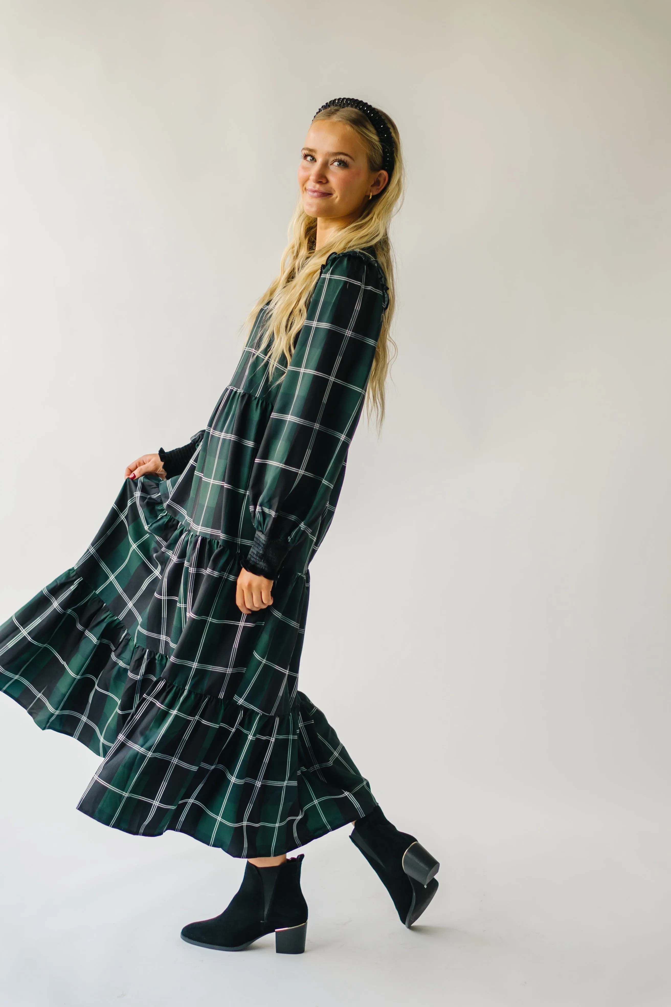 The Daylon Plaid Midi Dress in Emerald   White