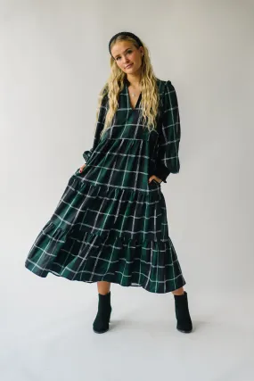 The Daylon Plaid Midi Dress in Emerald   White