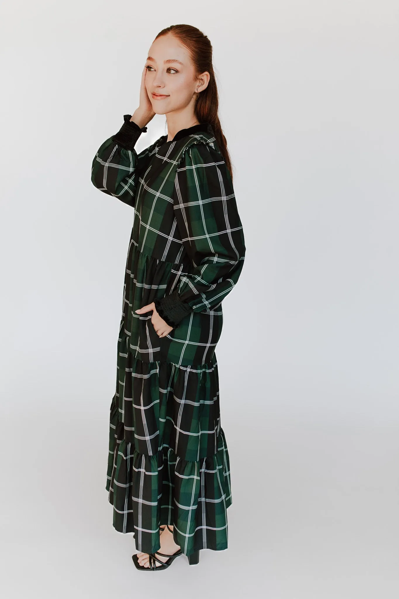 The Daylon Plaid Midi Dress in Emerald   White