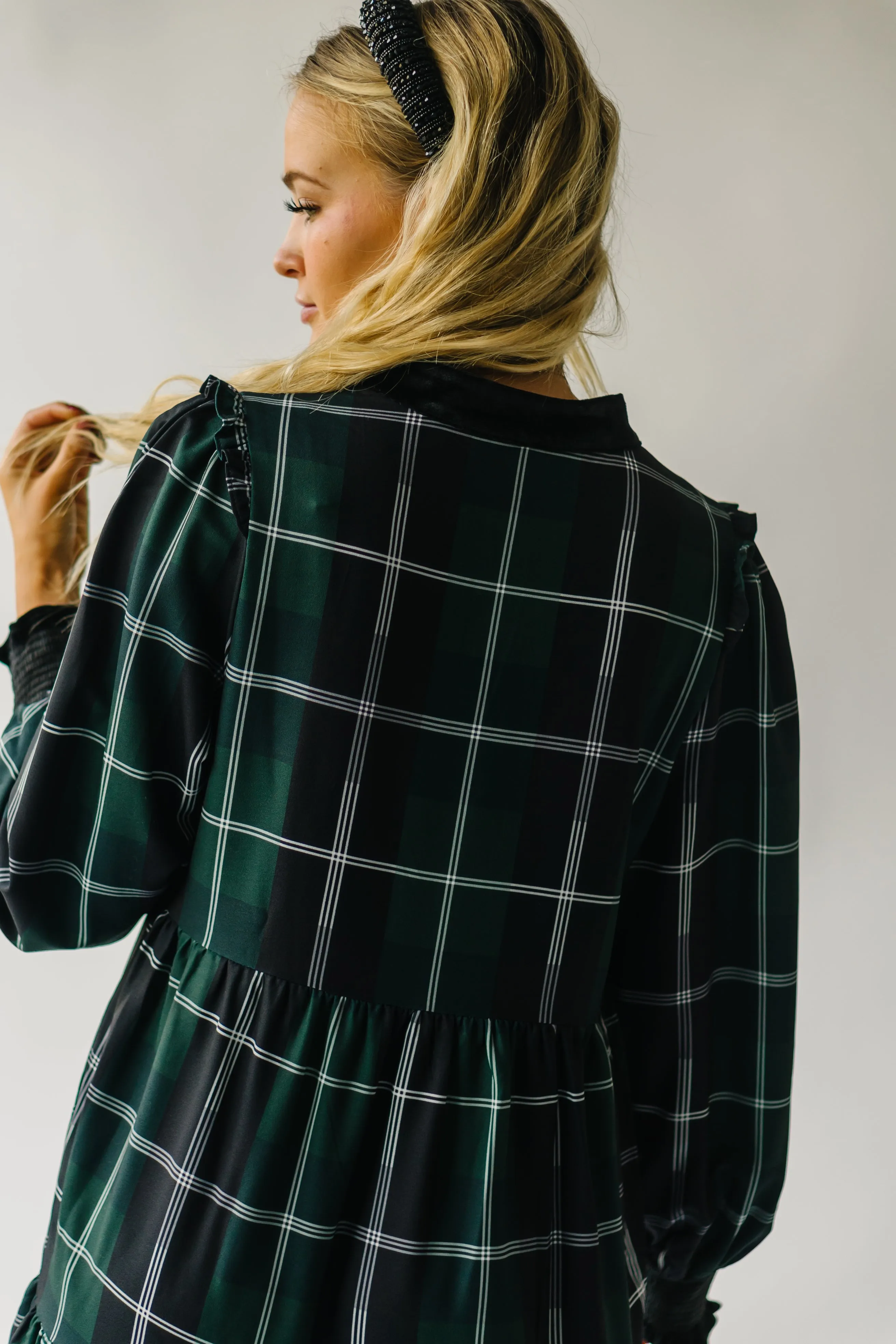 The Daylon Plaid Midi Dress in Emerald   White