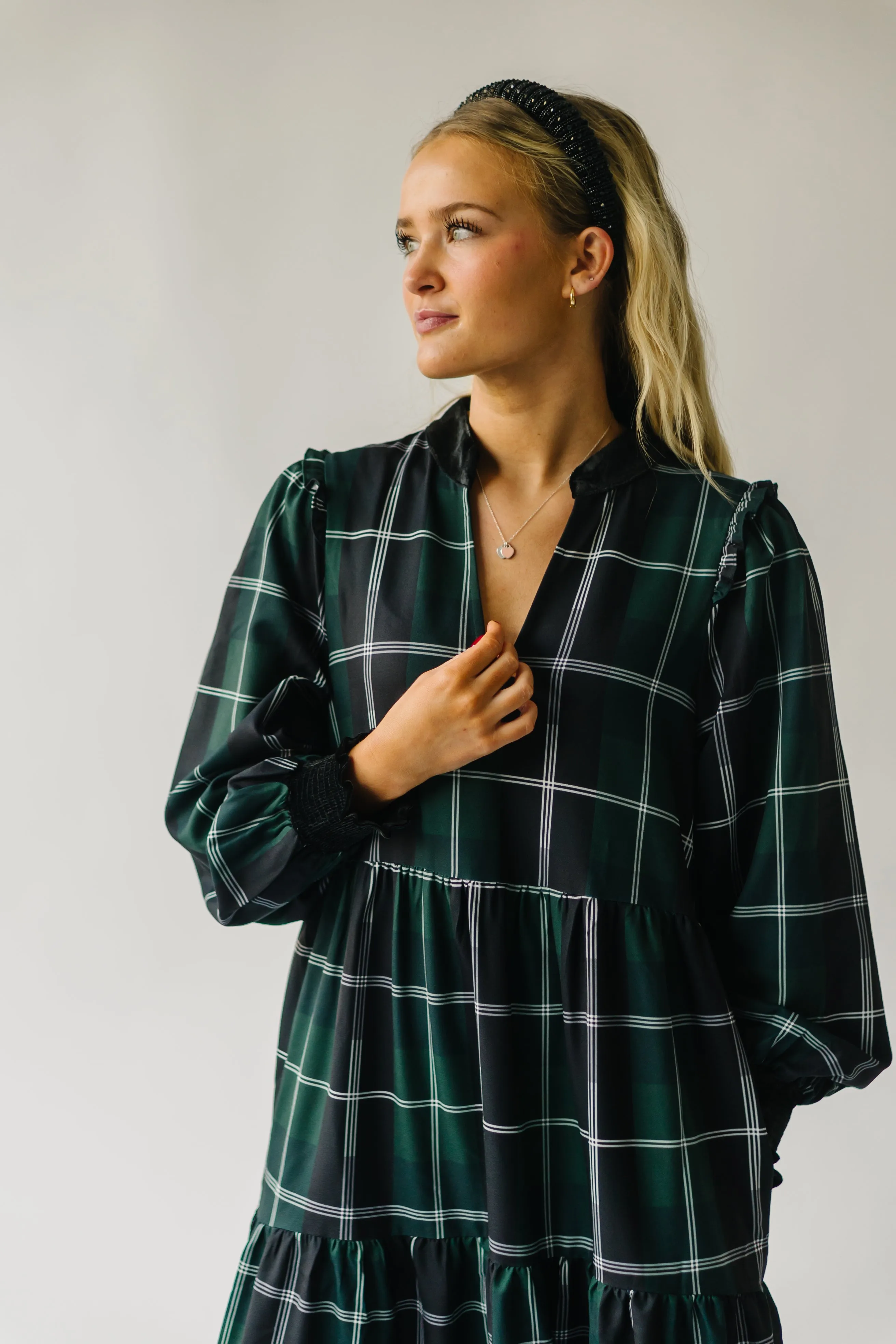 The Daylon Plaid Midi Dress in Emerald   White