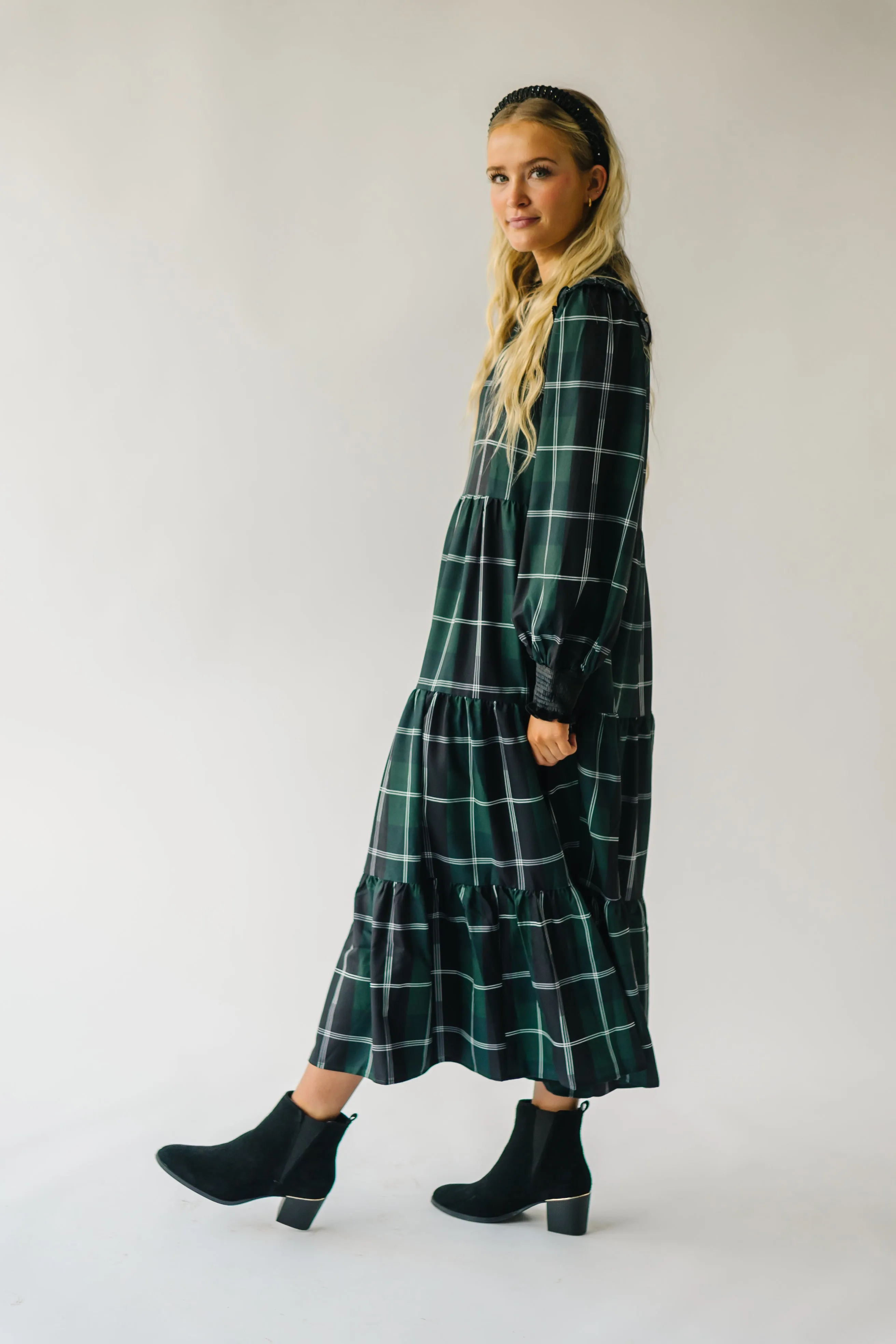 The Daylon Plaid Midi Dress in Emerald   White