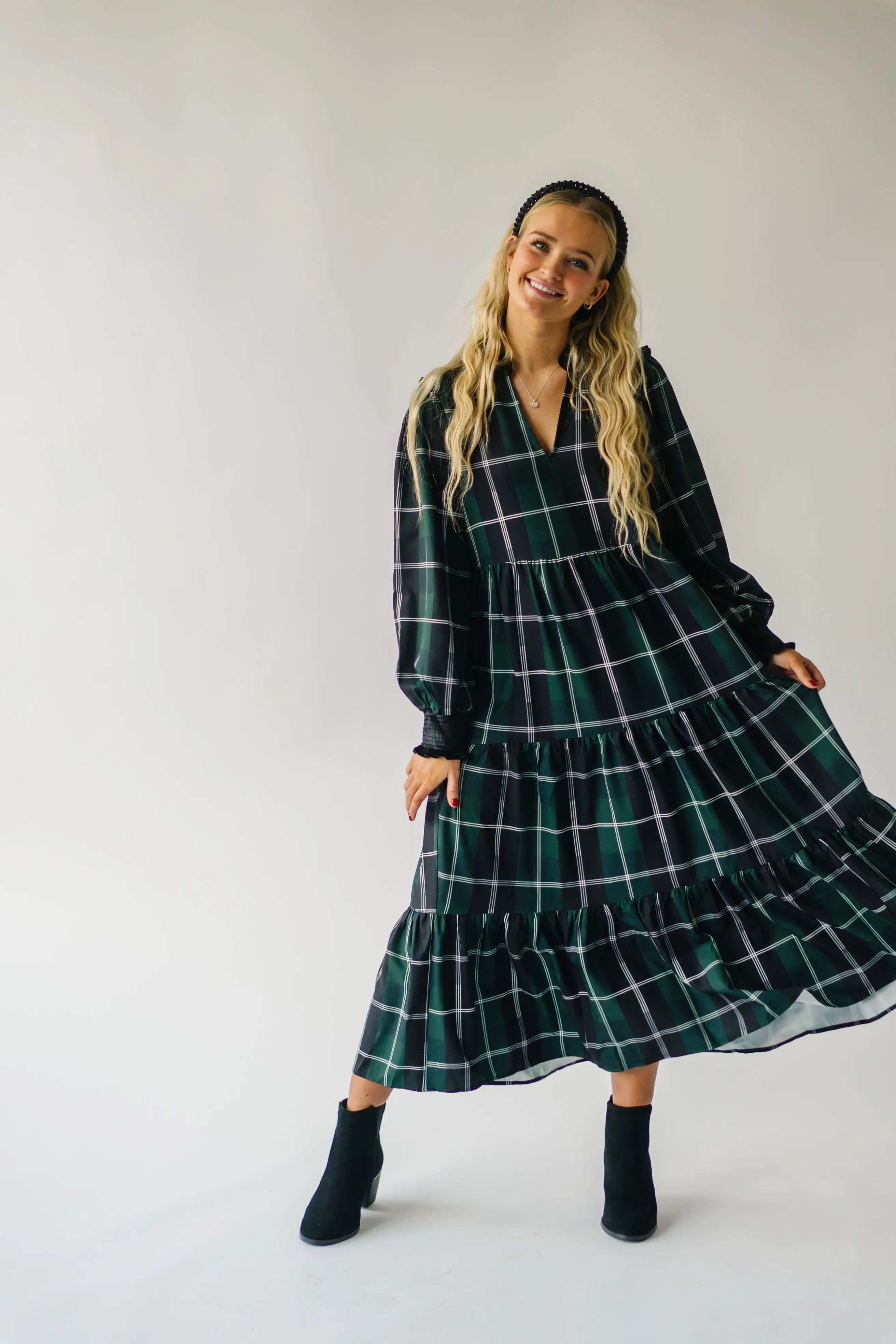 The Daylon Plaid Midi Dress in Emerald   White