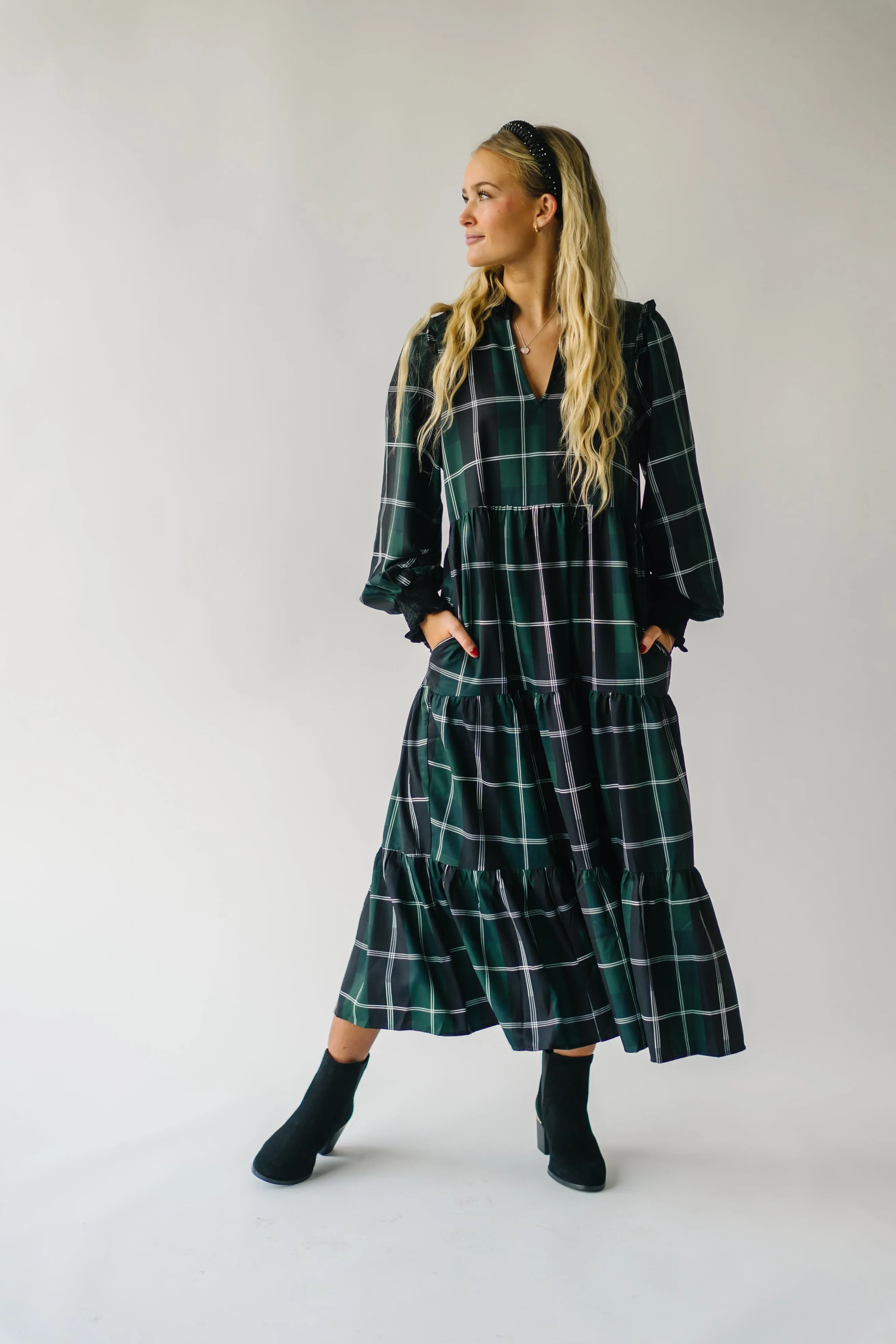 The Daylon Plaid Midi Dress in Emerald   White