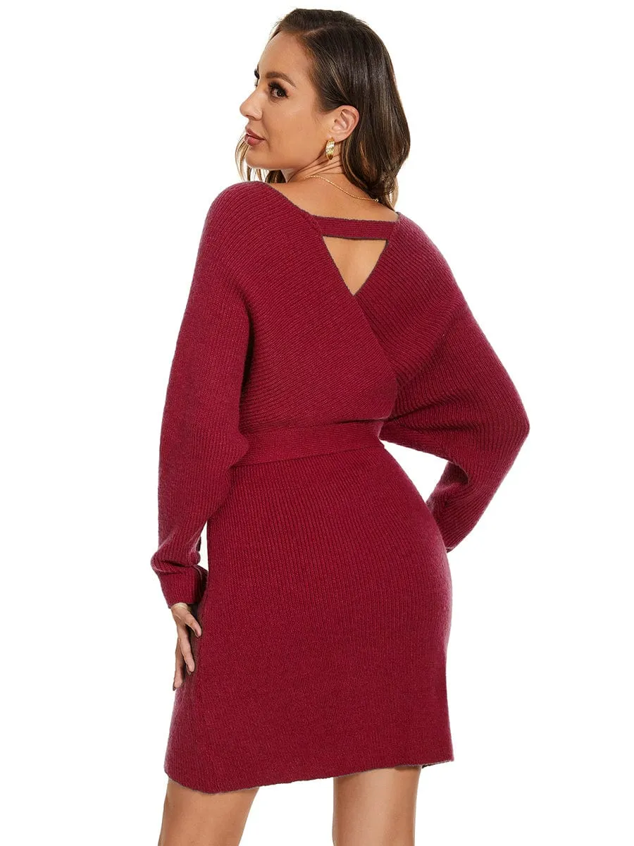 V-Neck Wrap Long Dolman Sleeve Knit Bodycon Sweater Dress