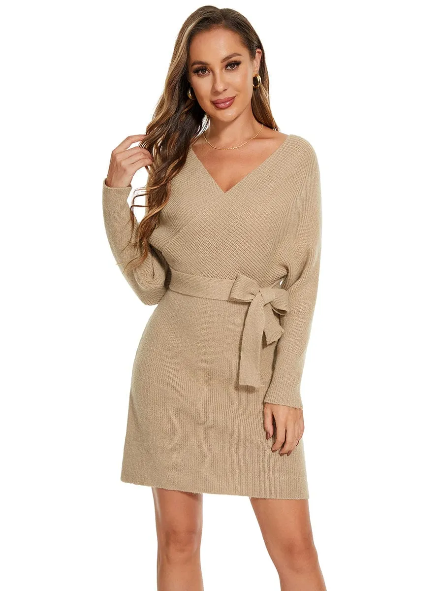 V-Neck Wrap Long Dolman Sleeve Knit Bodycon Sweater Dress